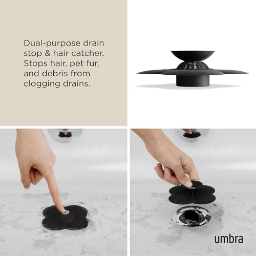 Umbra Bloom Drain Stop, Bathtub Drain Hair Catcher, 3-Inch, Black | Silicone material, flexible and durable, fits standard drains, wipe or rinse clean, rust resistant - color: Black
