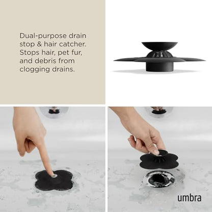 Umbra Bloom Drain Stop, Bathtub Drain Hair Catcher, 3-Inch, Black | Silicone material, flexible and durable, fits standard drains, wipe or rinse clean, rust resistant - color: Black