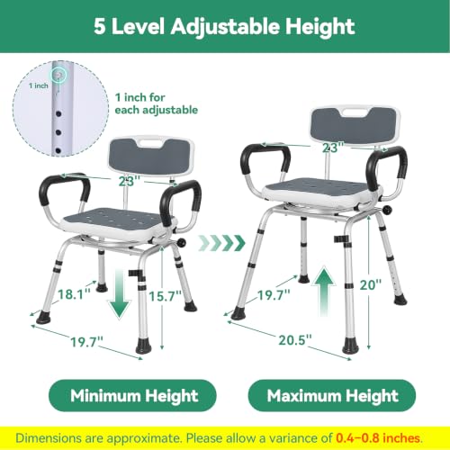 Shower Chair for Elderly and Disabled, 400 lbs, Adjustable Height | Shower Stool with Removable Back and Padded Arms, Slip Resistant Bath Seat for Inside Shower, Bathtub, Aluminum Frame - color: Dark Gray