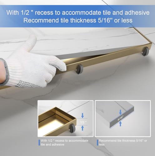 28 Inch Linear Shower Drain-Brushed Gold, with Tile Insert Grate | AISI 304 Stainless Steel Shower Drain, Rectangle Shower Floor Drain with Leveling Feet, Fits Bathroom & Balcony etc - color: Brushed Gold, size: 28 Inch