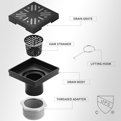 Square Shower Drain 4 inch, Matte Black 304 Stainless Steel Floor Drain for Bathroom, Removable Tile Insert Grate Includes Hair Strainer - color: Matte Black