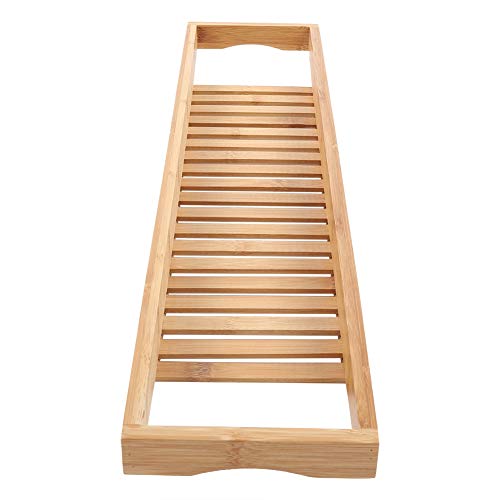 Bathtub Tray — Bath Storage Rack with Wine Glass Holder for Tub Accessories, Snacks, and Book, 27.3 Inch Length, Natural Wood Finish