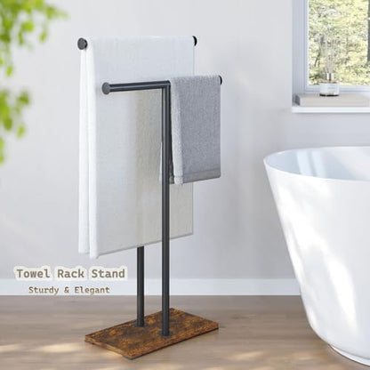 Wooden Standing Towel Racks,Bath Drying Bathroom Rack,Hand Towels Holder Steady Design for Kitchen Floor Tub Shower, 37.4" Tall, 2-Tier