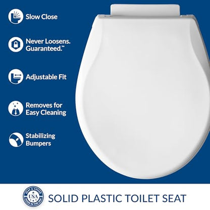 Mayfair Preston Easy to Clean Single Hinge Toilet Seat, Modern Slow Close Plastic Toilet Seat, Made in USA, Round, White - size: Round