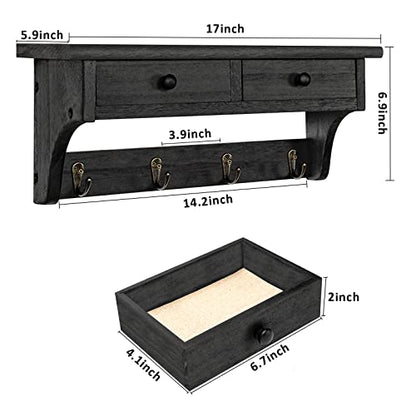 Emfogo Wood Coat Hooks Wall Mounted, Rustic Style with 4 Hooks & Shelf for Entryway, Mudroom, Bedroom, Kitchen, Bathroom (Black) - color: Black