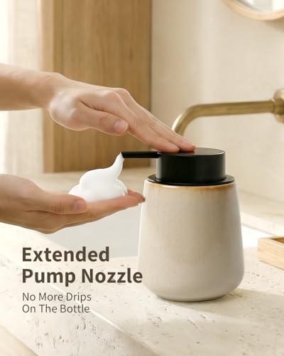 Bosilunlife 12Oz Ceramic Foam Soap Dispenser for Bathroom Kitchen Counter | Premium countertop foam pump creates delicate dense foam, stable desktop placement, Greige with Speckle - color: Greige
