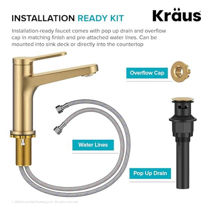 KRAUS Indy Bathroom Faucet in Spot-Free Brushed Brass with Single Handle, Pop Up Drain and Supply Lines, KBF-1411SFBB - color: Spot Free Brushed Brass, style: Basin + Pop-Up Drain