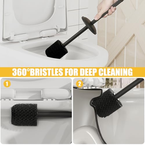 Toilet Brush and Holder, Toilet Cleaner Bowl Set with Two Brush with Extra Long Handle, Durable Bristles Toilet Scrubber and Covered Holder, Drip-Proof Stainless Steel Matte Black - color: Matte Black