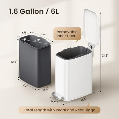 Cesun Slim Bathroom Trash Can with Lid, Soft Close, White, 6L/1.6 Gallon | Hidden Trash Bag Design, Small, Stainless Steel, Removable Inner Bucket, Foot Pedal, Odor Control, for RV/Office/Bedroom - color: White