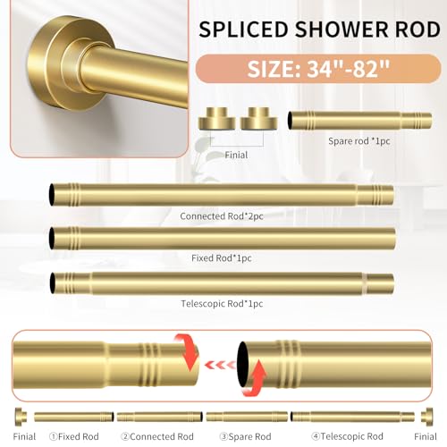 Gold Shower Curtain Rod 34-82 Inches(2.8-6.8ft) Never Rust Adjustable Shower Rod Spring Tension Non Slip No Drilling Shower Rods for Bathroom Garland Window - color: Gold, size: 34”-82“