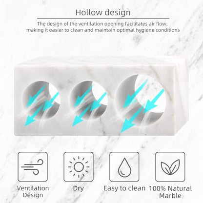 Natural Marble Toothbrush Holder, Carrara White, 3 Slots | Large Bathroom Organizer Countertop, Ventilation Design, Stone Toothbrush and Toothpaste Stand, Non-Slip Silicone Pads - color: Carrara White, size: 3 Slots