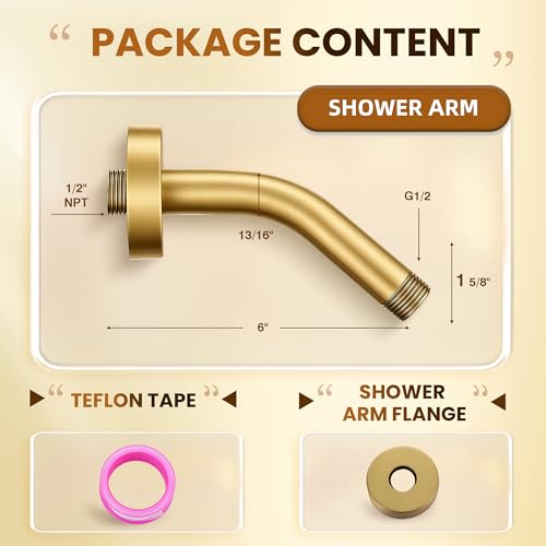 Brushed Gold Shower Arm 6" Shower Extension Arm with Flange and Teflon Tape, Solid Brass Construction 1/2″ NPT, Close to Wall Shower Replacement for for Shower Head & Handheld Shower Head - color: Brushed Gold