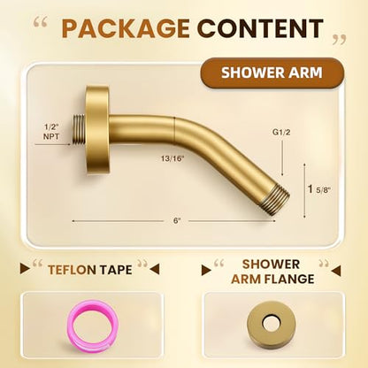 Brushed Gold Shower Arm 6" Shower Extension Arm with Flange and Teflon Tape, Solid Brass Construction 1/2″ NPT, Close to Wall Shower Replacement for for Shower Head & Handheld Shower Head - color: Brushed Gold