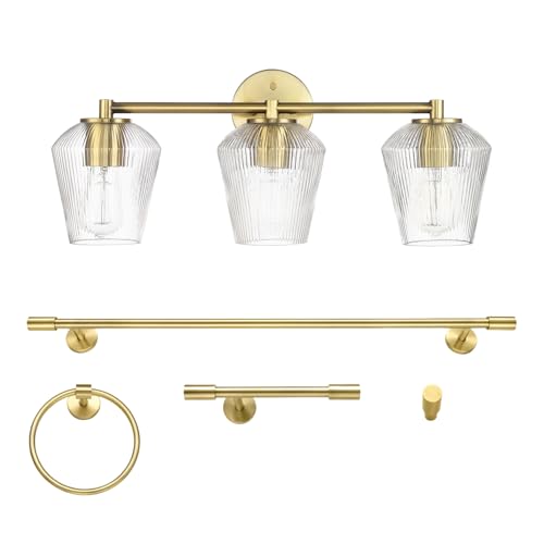 GLOBE Electric 63000063 5-Piece All-in-One Bathroom Set, Matte Brass Finish, 3-Light Vanity Light, Glass Shades, Towel Bar, Toilet Paper Holder, Towel Ring, Robe Hook, Bathroom Lights Over Mirror - color: Brass