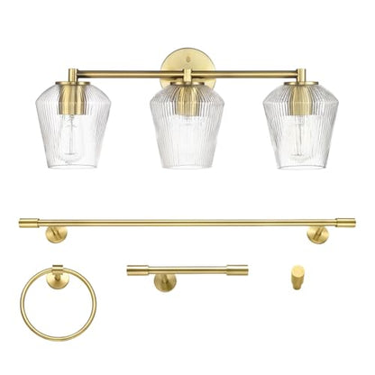 GLOBE Electric 63000063 5-Piece All-in-One Bathroom Set, Matte Brass Finish, 3-Light Vanity Light, Glass Shades, Towel Bar, Toilet Paper Holder, Towel Ring, Robe Hook, Bathroom Lights Over Mirror - color: Brass