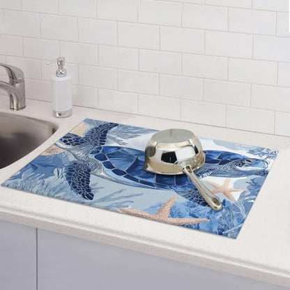 Sea Turtle Kitchen Dish Drying Mat Absorbent Reversible Microfiber Pad Countertop Protector Fast Drying Dish Mat Large 18"x24" - color: Slate Blue-Turtle