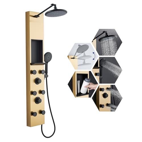 ROVATE Shower Panel Tower with Shelf & Adjustable Shower Arm, Brushed Gold | Stainless Steel Shower Column with 6 Adjustable Body Jets, Self-Cleaning Rainfall Shower Head & Flexible Handheld, Wall Mount - color: Brushed Gold + Black