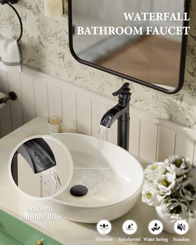Matte Black Vessel Sink Faucets Waterfall Bathroom Faucet Single Handle | 1 Hole Brass for Lavatory Farmhouse with Pop Up Drain Mixer Tap Without Overflow Supply Line by Homevacious - color: Matte Black
