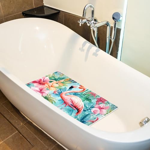 Non Slip Bath Mat for Tub, 15.1 x 26.8 Inch Bathtub Mat Machine Washable Shower Mat with Drain Holes and Suction Cups, Tropical Palm Leavs Flower Flamingo - color: Multi 08