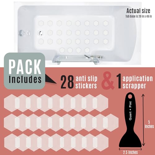 Anti Slip Shower Stickers, Non Slip Bathtub Stickers for Safety, Shower Floor non slip stickers with Scraper for Bathtub, Shower, Stairs, Boats. Bathtub Non Slip Stickers 28 Clear Hexagon - 3 in wide