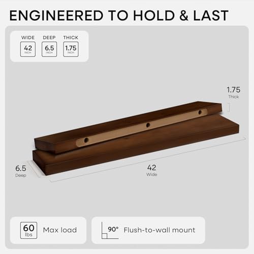 Walnut 42 inch Floating Shelves, High End Solid Real Wood 42inch Floating Shelf for Wall, Large Dark Brown 42 inches Long Floating Shelves, Heavy Duty Bracket, 42 X 6.5 X 1.75 inch, Set of 2 - color: American Walnut - Satin Dark Tone, size: 42 inch