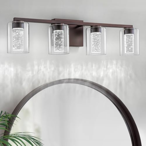 SineRise 4-Light Bronze Vanity Light with 3 Color Modes (3000K/4000K/6000K), Eye Protection LED Bathroom Light Fixture, Dimmable Modern Wall Light Over Mirror with Clear Glass Shade - color: Bronze, size: 4-light