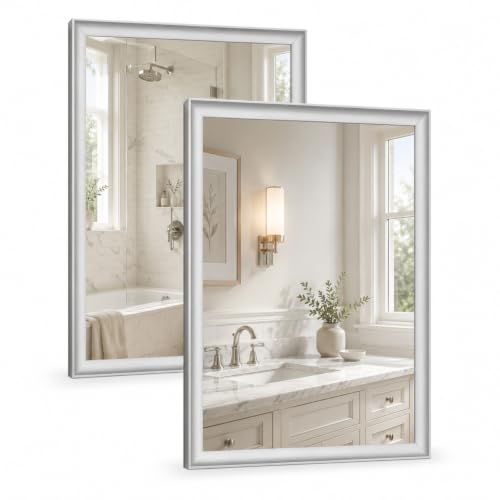 2 Pack Brushed Nickel Bathroom Mirrors 24x36 Inch | Silver Rectangle Vanity Mirror for Bedroom, Entryway, Living Room Decor, Aluminum Framed, Curved Wide Edge, Anti-Rust - color: Brushed Nickel, size: 24"Lx36"W-2pcs