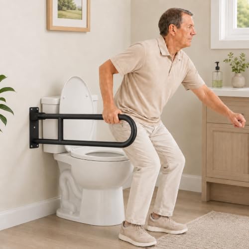 Toilet Safety Rail Stainless Steel: Modunful 304 Grab Bar with Arm Support - 23.6" Width, 400 lbs Capacity for Elderly, Disabled, Bathroom Safety, Wide Base Black - color: S-2932.Black