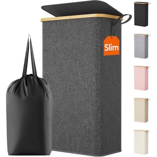 Lifewit 75L Slim Laundry Hamper with Lid, Narrow Laundry Basket with Removable Bag & Bamboo Handles, Fodable Thin Dirty Clothes Hamper for Laundry Collapsible Bin for Bathroom Bedroom Dorm, Dark Gray - color: Dark Gray, size: 75L