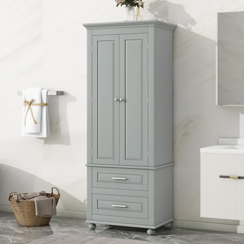 JIVOIT 62.5" H Tall Storage Cabinet with Two Drawers, Bathroom Storage Cabinet with Adjustable Shelf, Wood Cupboard Floor Cabinet for Office Bathroom - color: Grey 62