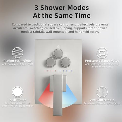 Dasan Brushed Nickel Dual Shower Heads System with Ceiling 12-Inch Rainfall Shower & Wall Mount 6-Inch High Pressure Shower Head, Full Body Dual Shower Head Set - color: Brushed Nickel