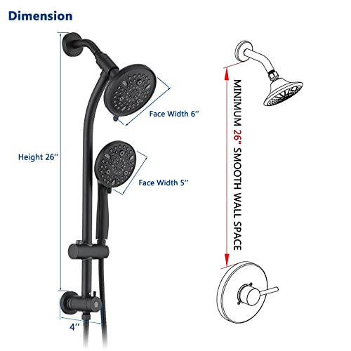 Modern Rainfall Shower Head with Handheld Shower Spray, 26-Inch Adjustable Height Slide Bar, High Pressure Dual Shower Head Combo, 3-Way Diverter for Easy Reach, 5-Foot Hose - Matte Black - color: Matte Black