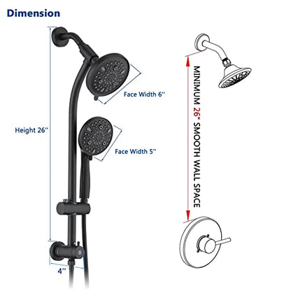 Modern Rainfall Shower Head with Handheld Shower Spray, 26-Inch Adjustable Height Slide Bar, High Pressure Dual Shower Head Combo, 3-Way Diverter for Easy Reach, 5-Foot Hose - Matte Black - color: Matte Black
