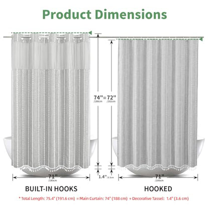 eachope Grey Farmhouse No Hook Shower Curtain Set with Snap-in Fabric Liner,Boho Heavy-Duty Linen Textured Rustic Striped Design,Water-Repellent with Tassels and Sheer Window,Gray,71x74 | 230GSM Thick Fabric,Hotel Luxury Decor,Mesh Top Window,Waterproof &