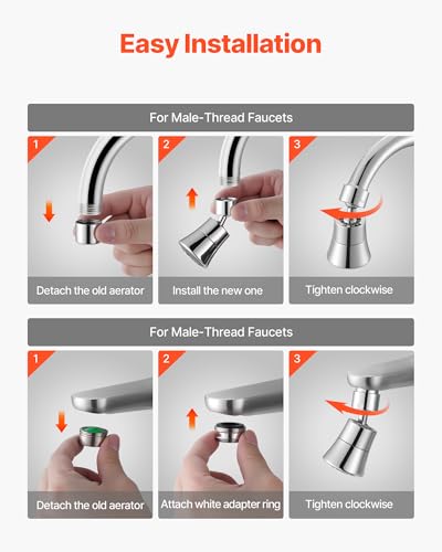VEVOR Faucet Aerator, 360° Swivel Kitchen Sink Aerator, 5-Function 5-Flow Sink Sprayer Attachment, Bathroom Faucet Extender Head Replacement for 15/16 inch Female Thread with Adapter & 55/64 inch Male