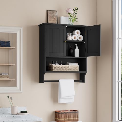 Smuxee Black Bathroom Cabinet Wall Mounted with Towels Bar, Medicine Cabinet with 2 Door Adjustable Shelves, Over Toilet Cabinet for Bathroom Laundry Room Kitchen - color: Black Big With Towels Bar