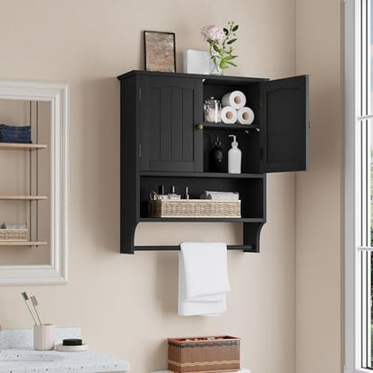Smuxee Black Bathroom Cabinet Wall Mounted with Towels Bar, Medicine Cabinet with 2 Door Adjustable Shelves, Over Toilet Cabinet for Bathroom Laundry Room Kitchen - color: Black Big With Towels Bar