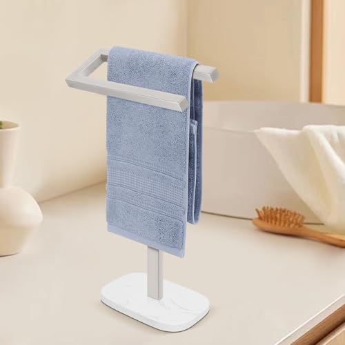 Livabber Standing Hand Towel Holder, 304 Stainless Steel Hand Towel Rack Stand with Heavy Marble Base, Bath Accessories, Towel Ring for Bathroom Kitchen Countertop, 14 Inch (Brushed Nickel) - color: Brushed Nickel