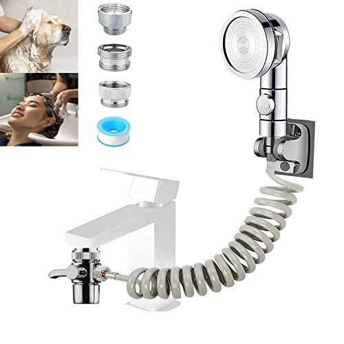 Sink Sprayer Attachment for Faucet, Kitchen Bathroom On/Off Handheld Shower Head with Flexible Hose, Faucet Aerator & Diverter Valve, Connect Different Sink Faucets, for Hair Washing Pet Shower