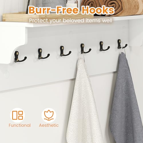 GIANTEX Coat Rack Wall Mount, 31.5" Wooden Coat Hooks with Shelf, White | Wall Clothes Rack w/ 6 Dual Hooks for Hats Towels Purses Robes, Floating Display Shelf for Living Room Bedroom Entryway - color: White