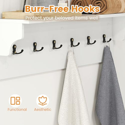 GIANTEX Coat Rack Wall Mount, 31.5" Wooden Coat Hooks with Shelf, White | Wall Clothes Rack w/ 6 Dual Hooks for Hats Towels Purses Robes, Floating Display Shelf for Living Room Bedroom Entryway - color: White