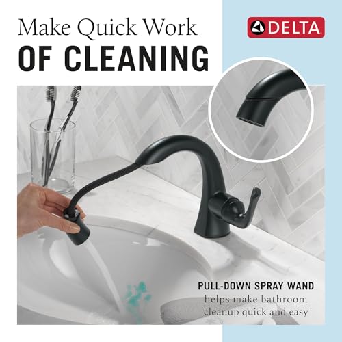 Delta Arvo 1 Hole Matte Black Bathroom Faucet with Sprayer, Single Hole Bathroom Sink Faucet with Pull Out Sprayer for Vanity, Push-Pop Drain, Matte Black 15840LF-BLPD - color: Matte Black