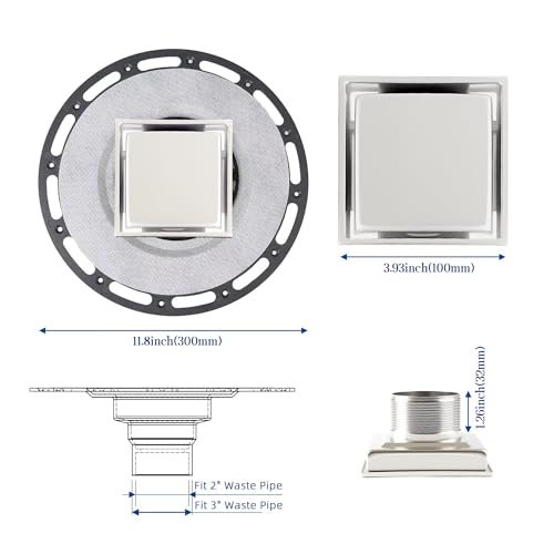 4-Inch Square Shower Drain Kit, Tile Insert Grate & Bonding Flange | Brushed 304 stainless steel tile insert cover with hair strainer; fits 2- and 3-inch pipes for tiled floors and wet areas - size: 4in Tile Insert - Brushed Steel