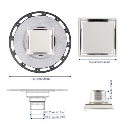 4-Inch Square Shower Drain Kit, Tile Insert Grate & Bonding Flange | Brushed 304 stainless steel tile insert cover with hair strainer; fits 2- and 3-inch pipes for tiled floors and wet areas - size: 4in Tile Insert - Brushed Steel