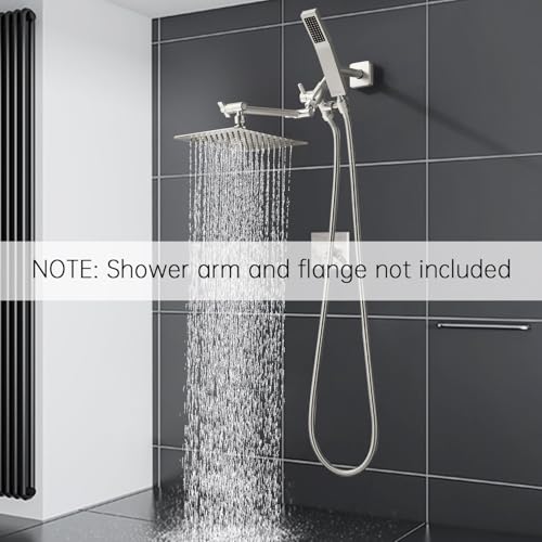 G-Promise All Metal 10" Dual Square Shower Head Combo | Rain Shower Head | Handheld Shower Wand | Adjustable | 3-Way Diverter | 71" Extra Long Hose - A Bathroom Upgrade(Brushed Nickel) | Built to Last, Easy Install, Adjustable Height & Angle for All Heigh
