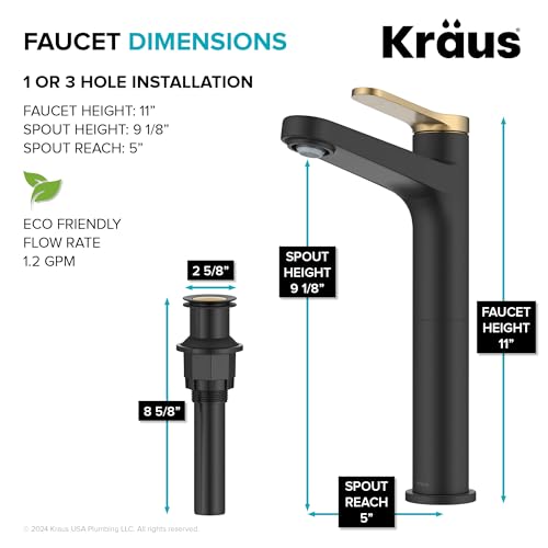 KRAUS Indy Bathroom Faucet for Vessel Sink in Spot-Free Brushed Brass/Matte Black with Single Handle, Pop Up Drain and Supply Lines, KVF-1410SFBBMB - color: Spot Free Brushed Brass/Matte Black, style: Vessel