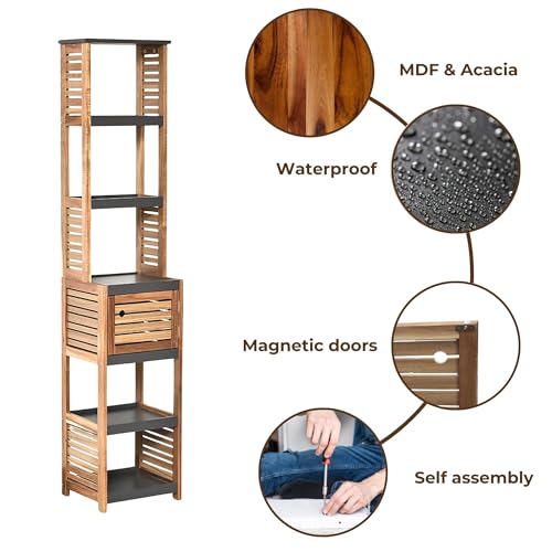 Tall Bathroom Storage Cabinet, Vented Door, Linen Tower, Slim, Brown-Gray | Engineered Wood, Art Deco, Space-Saving Bathroom Storage, Easy Assembly, Fits Small Bathrooms, Laundry, Hallway