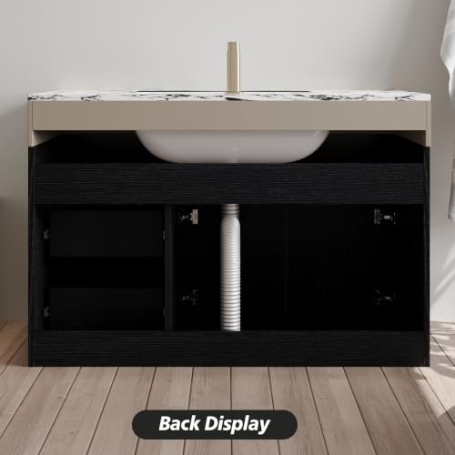 36" Floating Bathroom Vanity with Ceramic Sink and Faux Marble Top, Wall-Mounted Storage Cabinet with with 2 Drawers and 2 Door, Undermount Single Sink, White+Black - color: White+black