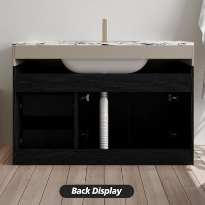 36" Floating Bathroom Vanity with Ceramic Sink and Faux Marble Top, Wall-Mounted Storage Cabinet with with 2 Drawers and 2 Door, Undermount Single Sink, White+Black - color: White+black