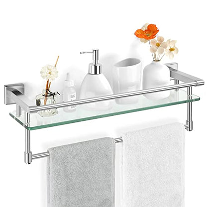 Glass Bathroom Shelf with Towel Bar, Stainless Steel Tempered Towel bar/Track Glass Bathroom Shelves Wall Mount Over The Toilet (Brushed Nickel, 20-inch) - color: Brushed Nickel, size: 20-inch with Railing